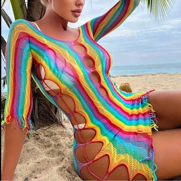 Rainbow Color Striped 3/4-Sleeve One-Piece Fishnet Beach Dress Cover-Up
